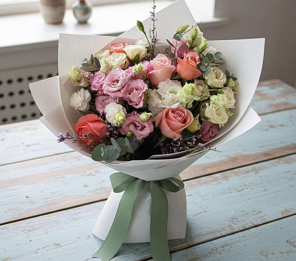 Букет цветов из: Розы, Лизиантусы и Гвоздики в Цветово 1-ом