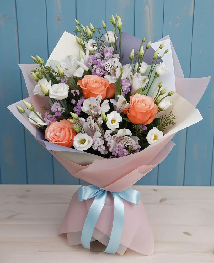 Букет цветов из: Лизиантусы, Розы, Альстромерии и Гипсофила в Цветово 1-ом