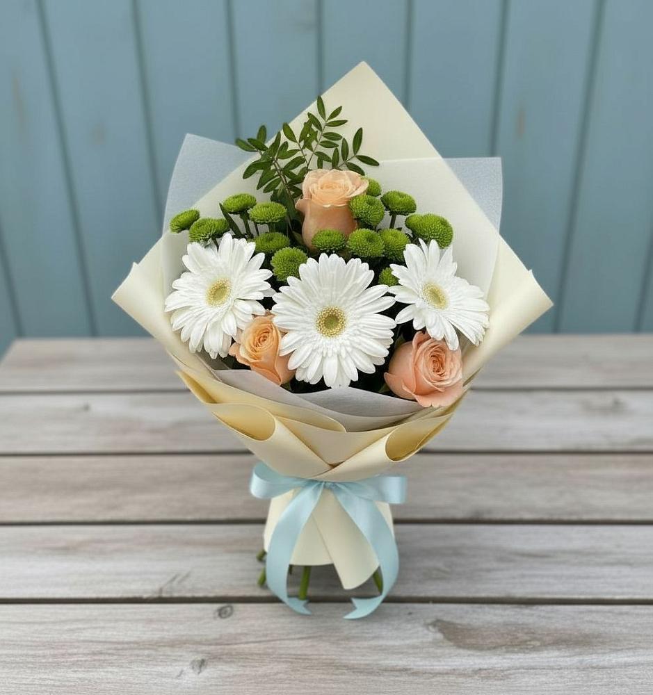 Букет цветов из: Герберы, Розы и Хризантемы в Цветово 1-ом