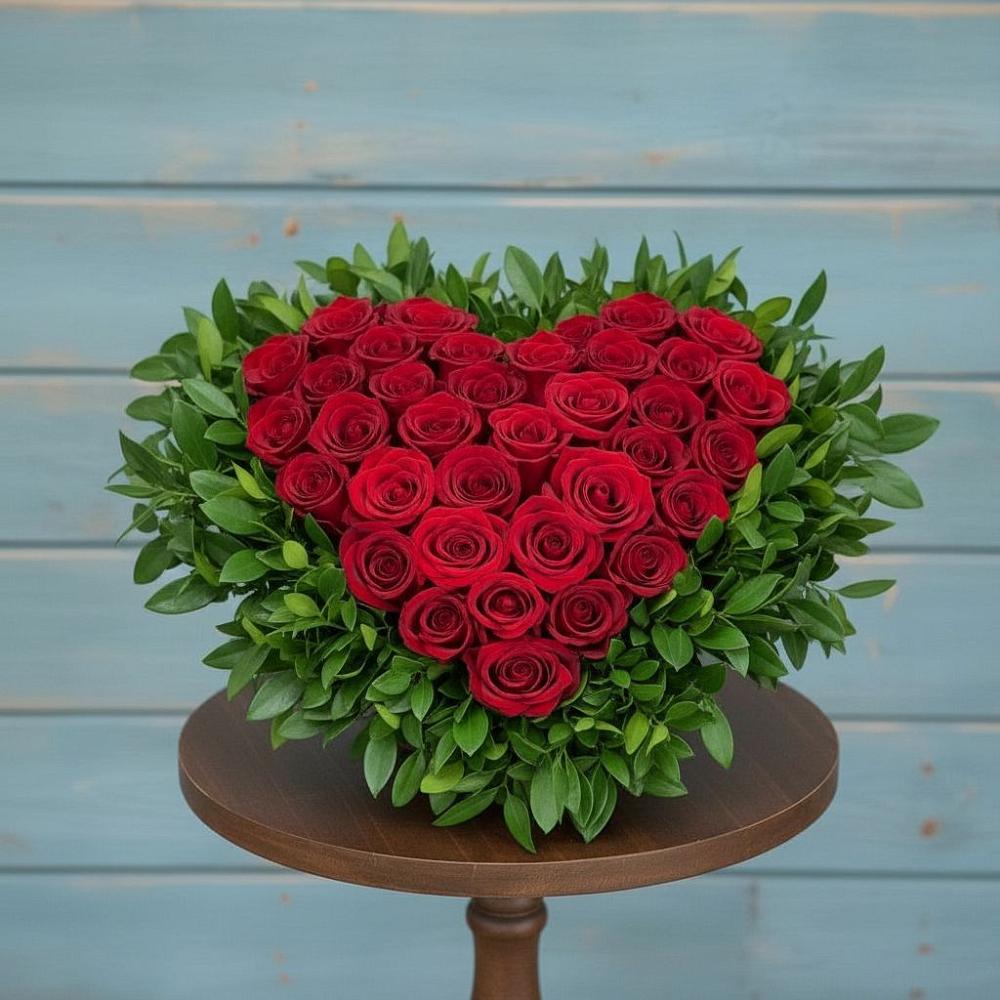 Цветочная композиция из Розы в виде сердца в Цветово 1-ом