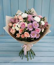 Букет цветов из:  Хризантемы, Розы и Альстромерии в Цветово 1-ом